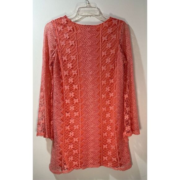 Red Camel women’s coral long bell sleeve lace dress size Medium #32-0813 - Picture 2 of 5